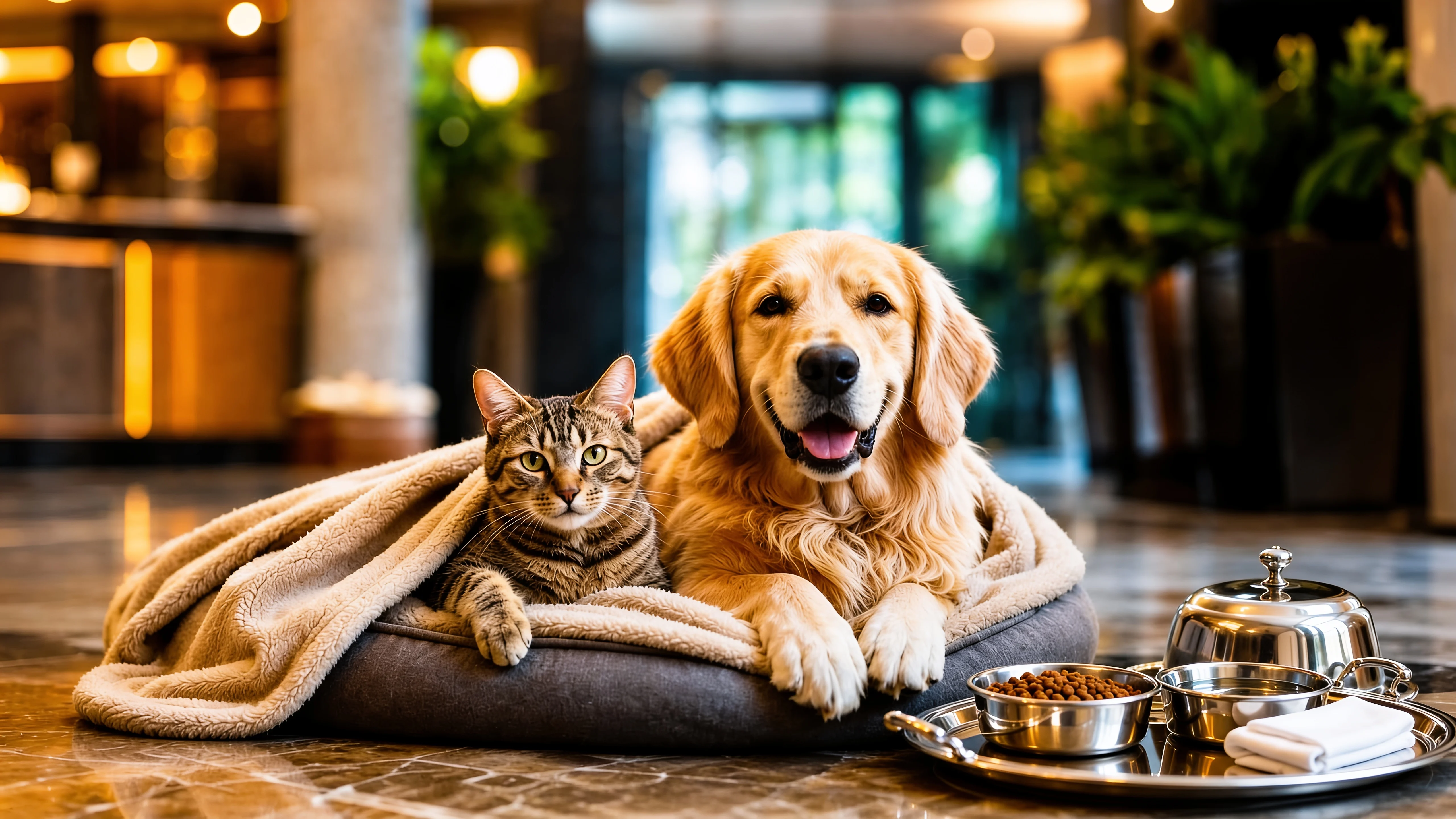 Dedeman Suites & Residences ortak yaşam alanında dinlenen bir kedi ve köpek